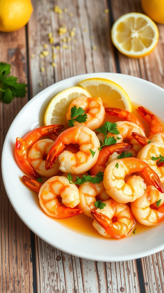 A plate of lemon butter shrimp garnished with parsley and lemon wedges.